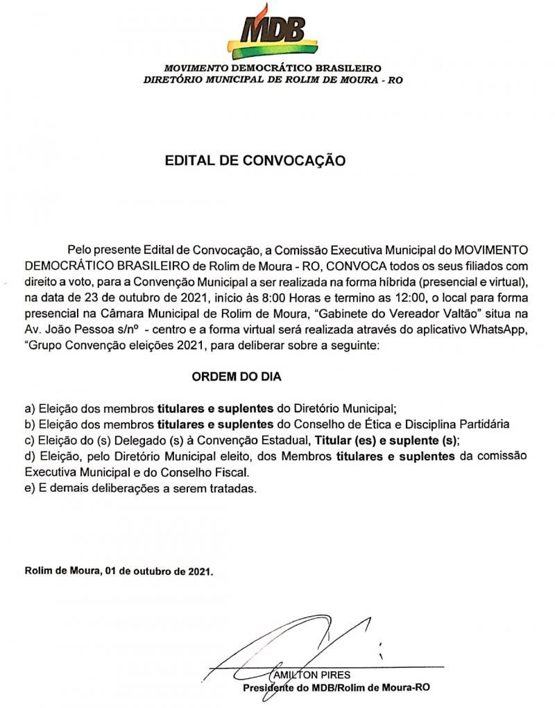 Convenção Municipal do MDB de Rolim de Moura será realizada no dia 23 de outubro Convenção Municipal do MDB de Rolim de Moura será realizada no dia 23 de outubro