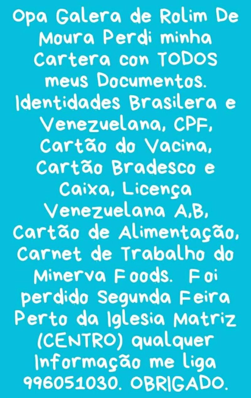 Procura-se por carteira com documentos perdidos em nome de Eduard Enrique Garcia Flaute Procura-se por carteira com documentos perdidos em nome de Eduard Enrique Garcia Flaute
