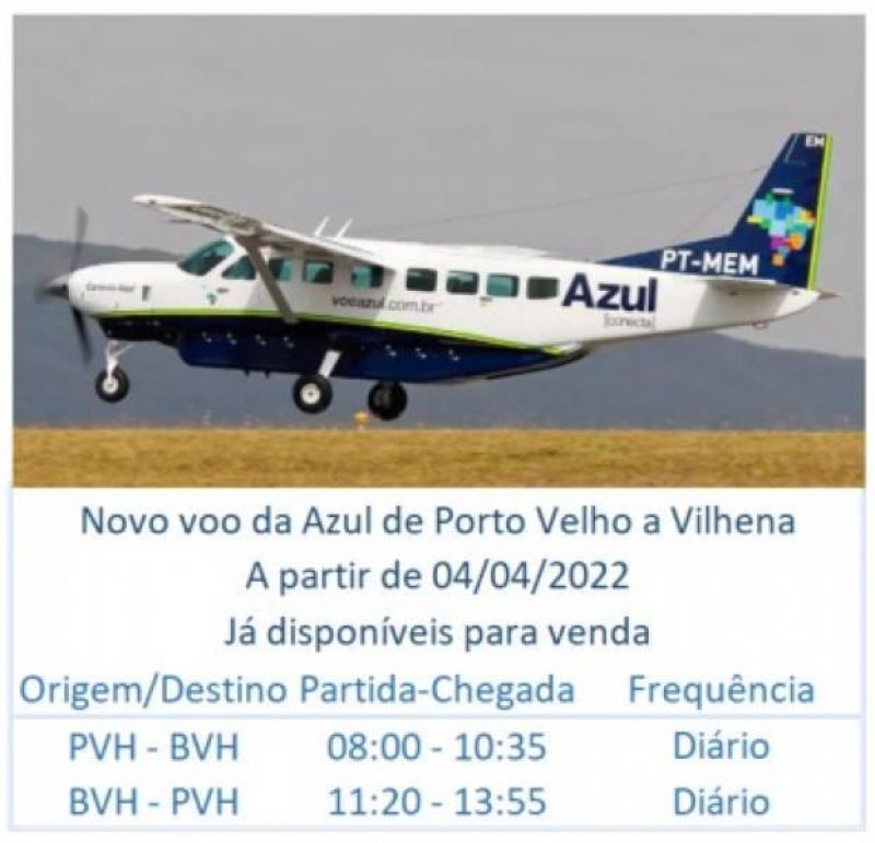 Azul deve começar a operar com voos diários de Vilhena para Porto Velho Azul deve começar a operar com voos diários de Vilhena para Porto Velho