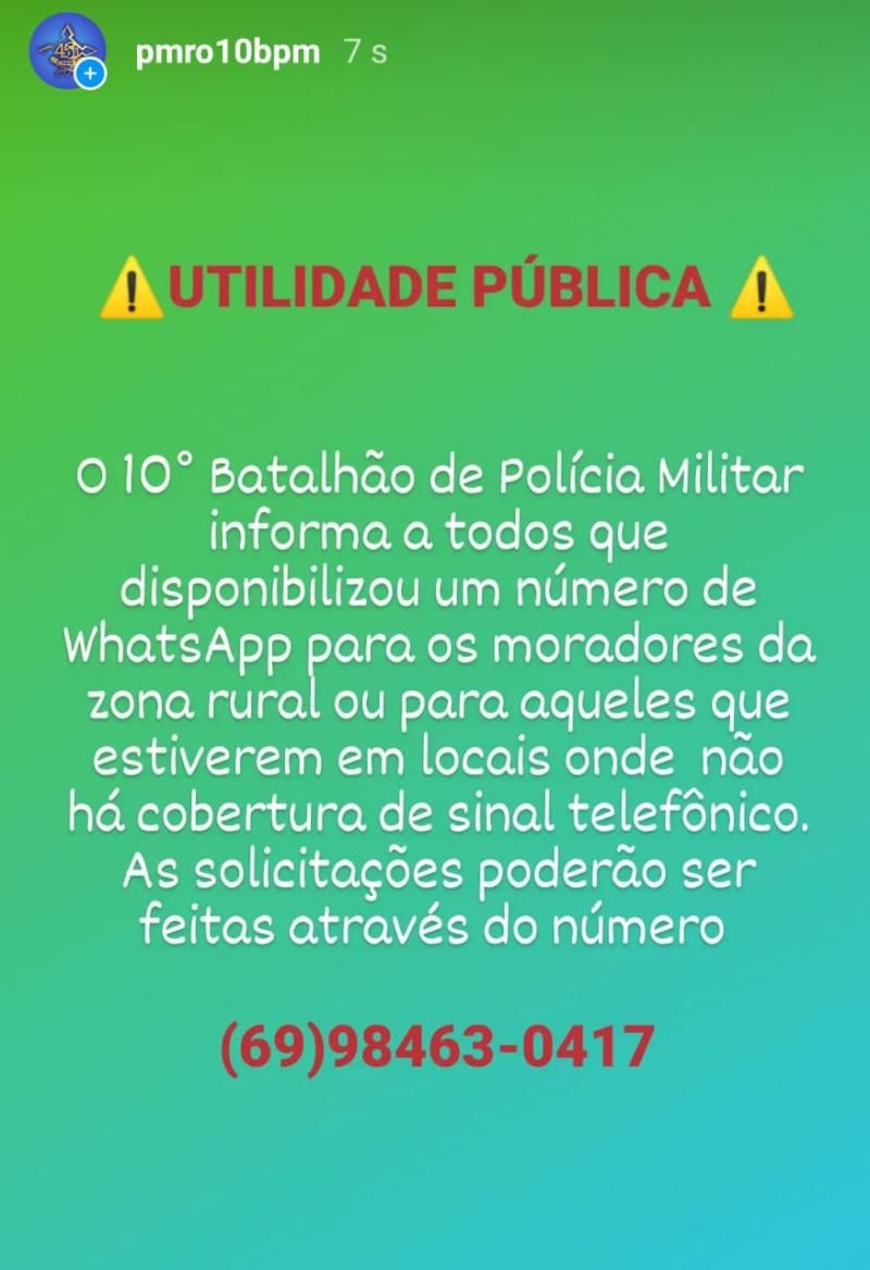 10º Batalhão em Rolim de Moura disponibiliza número de WhatsApp para a população 10º Batalhão em Rolim de Moura disponibiliza número de WhatsApp para a população