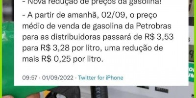 Bolsonaro anuncia nova redução de  preço da gasolina em R$ 0,25 a partir de amanhã