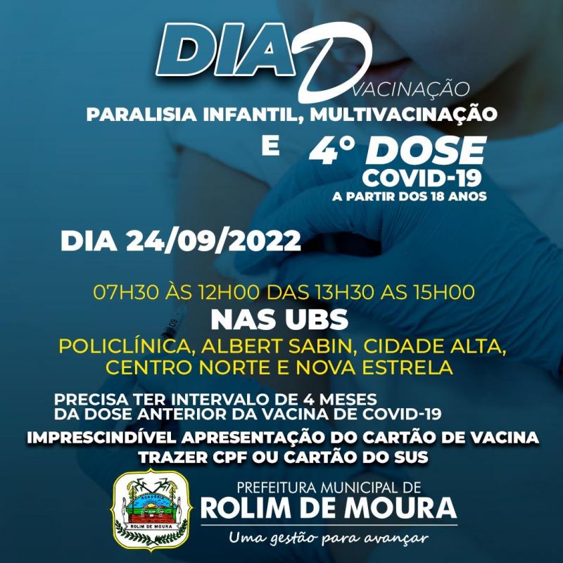 Secretaria de saúde de Rolim de Moura realizará o “Dia D” de imunização no próximo sábado contra a paralisia infantil e multivacinação Secretaria de saúde de Rolim de Moura realizará o “Dia D” de imunização no próximo sábado contra a paralisia infantil e multivacinação