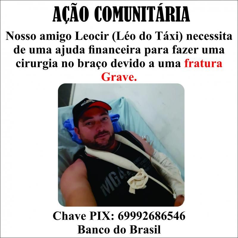 Campanha em prol de taxista que sofreu fratura no braço em acidente de trânsito é realizada em Rolim de Moura – Veja como ajudar Campanha em prol de taxista que sofreu fratura no braço em acidente de trânsito é realizada em Rolim de Moura – Veja como ajudar