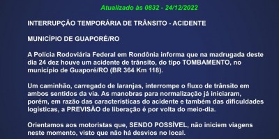Devido a acidente, trânsito está bloqueado na BR 364 entre Pimenta Bueno e Vilhena, informa PRF