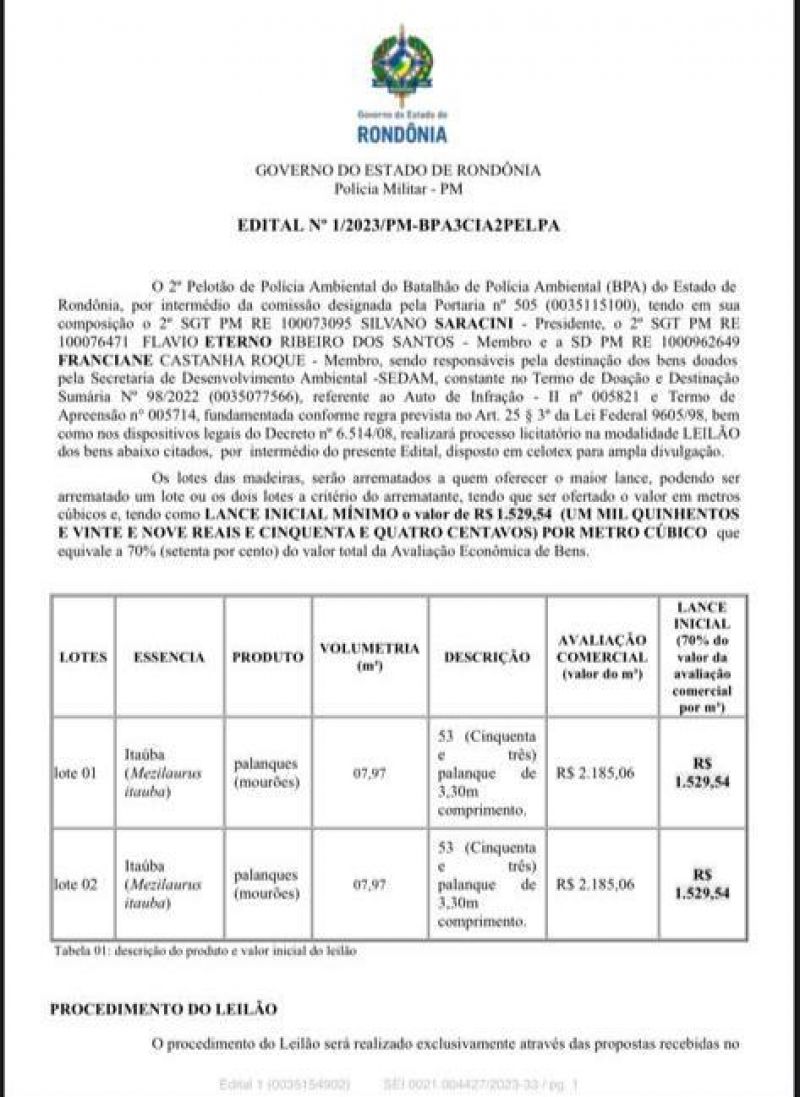 Edital de leilão para venda de madeiras em Alta Floresta/RO Edital de leilão para venda de madeiras em Alta Floresta/RO