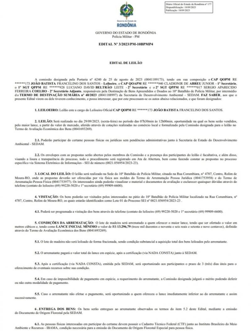 Edital de leilão para venda de madeiras em Rolim de Moura e região Edital de leilão para venda de madeiras em Rolim de Moura e região