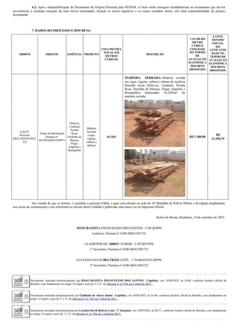 Edital de leilão para venda de madeiras em Rolim de Moura e região Edital de leilão para venda de madeiras em Rolim de Moura e região