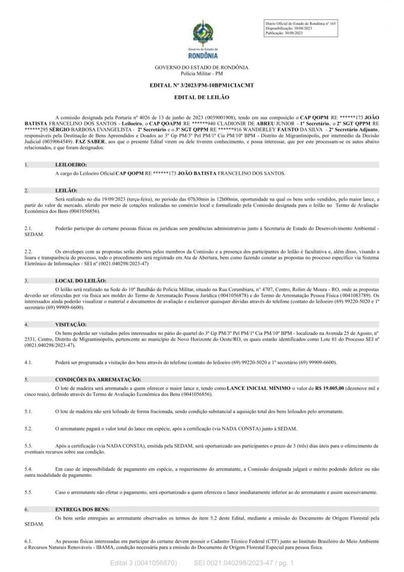 Edital de leilão para venda de 331 Palanques Mourões, de madeira Itaúba em Migrantinópolis Edital de leilão para venda de 331 Palanques Mourões, de madeira Itaúba em Migrantinópolis