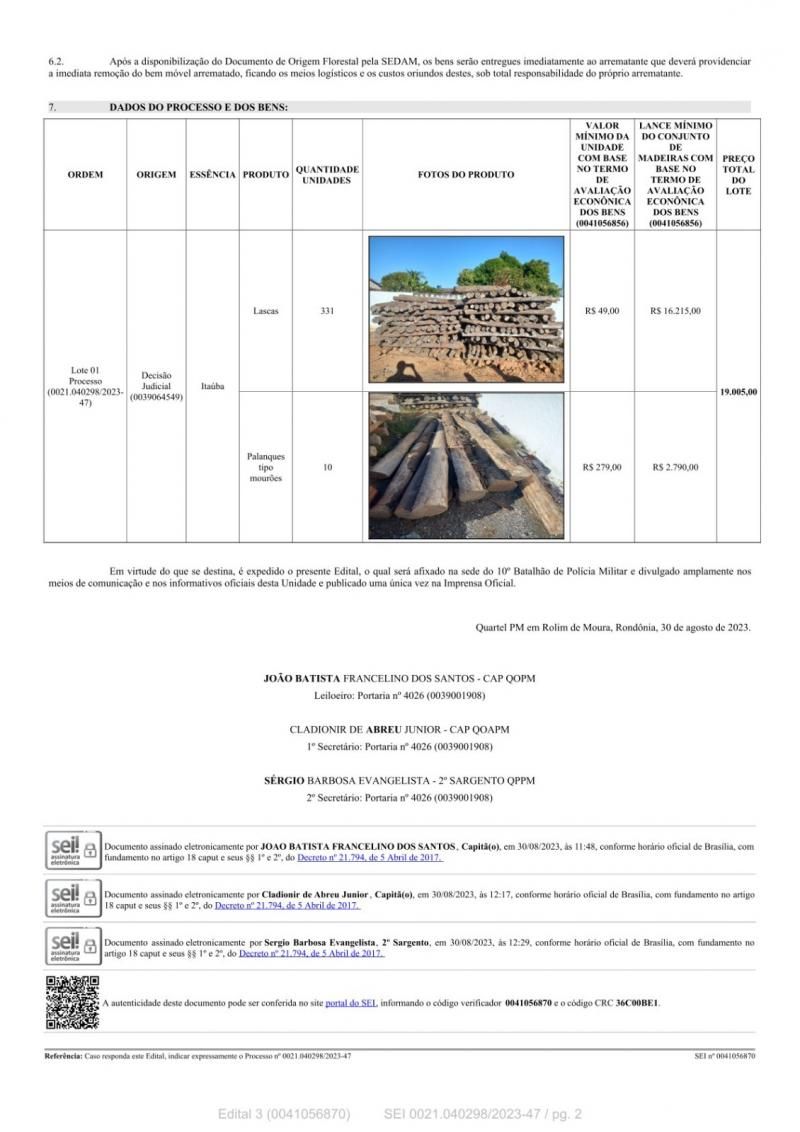 Edital de leilão para venda de 331 Palanques Mourões, de madeira Itaúba em Migrantinópolis Edital de leilão para venda de 331 Palanques Mourões, de madeira Itaúba em Migrantinópolis