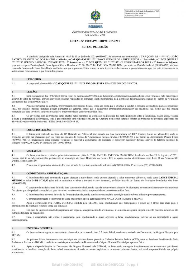 Edital de leilão para venda de madeiras em Migrantinópolis Edital de leilão para venda de madeiras em Migrantinópolis