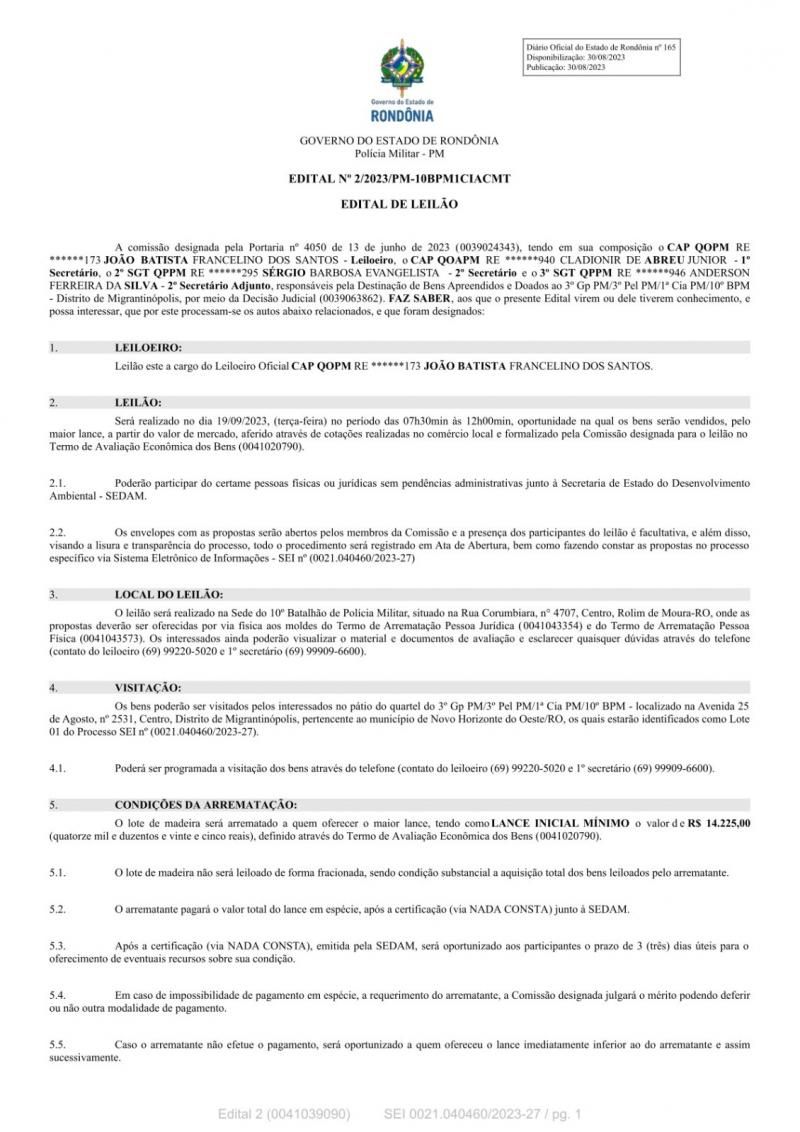 Edital de leilão para venda de 51 Palanques Mourões em Migrantinópolis Edital de leilão para venda de 51 Palanques Mourões em Migrantinópolis