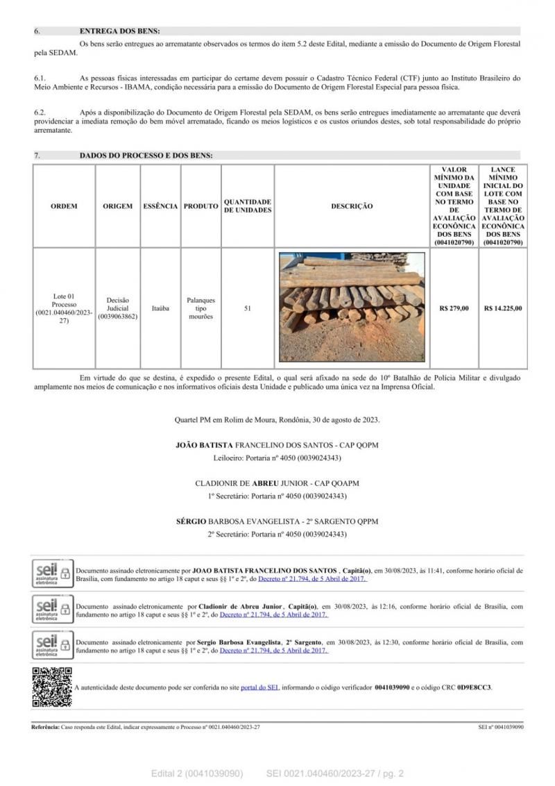 Edital de leilão para venda de 51 Palanques Mourões em Migrantinópolis Edital de leilão para venda de 51 Palanques Mourões em Migrantinópolis
