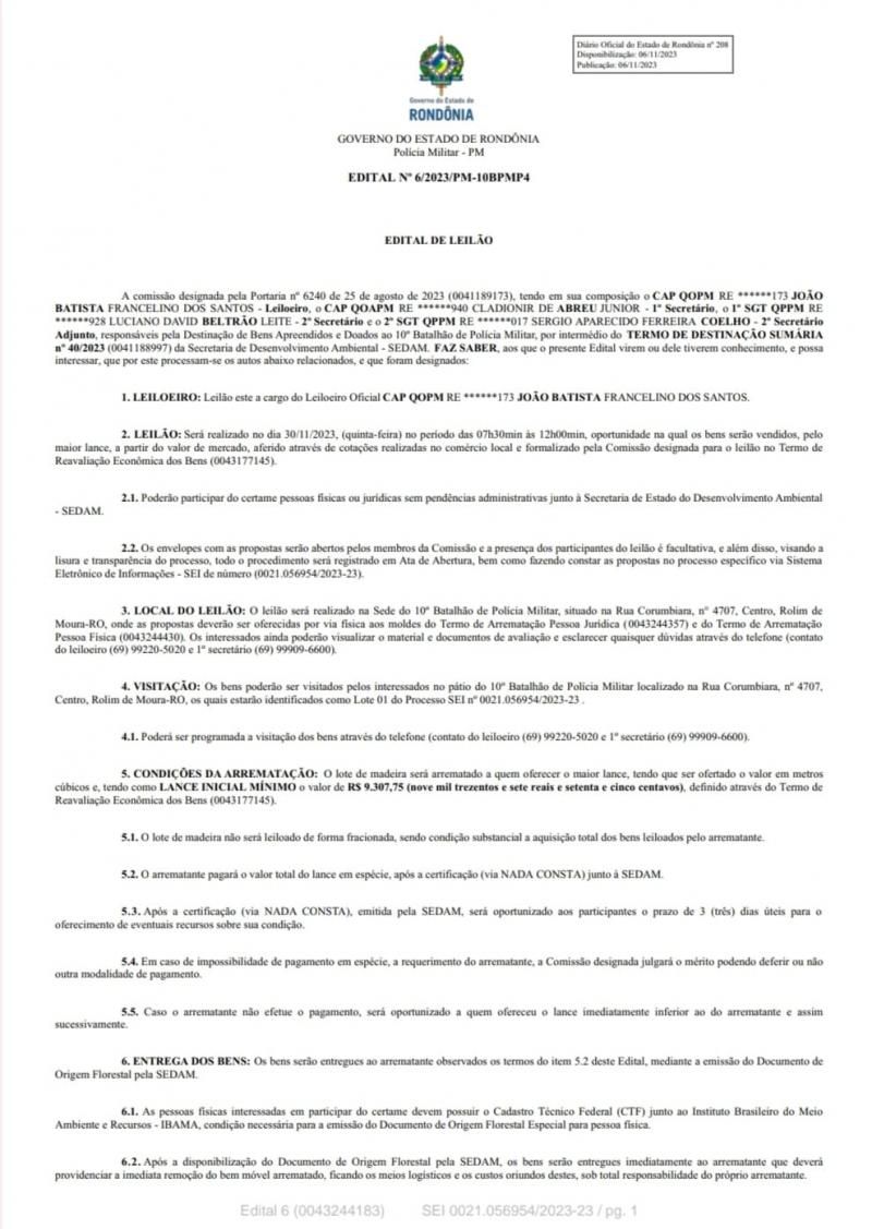 Edital de leilão para venda de madeiras em Rolim de Moura e região Edital de leilão para venda de madeiras em Rolim de Moura e região