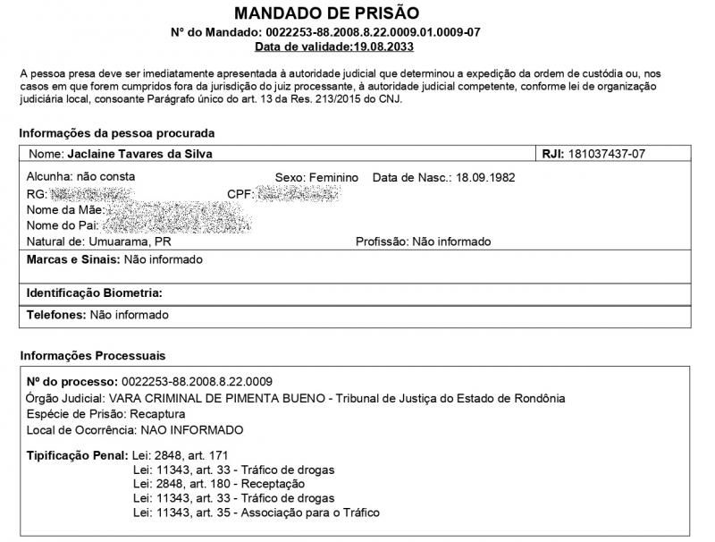 Foragida da Justiça, acusada de crimes de tráfico de drogas, furto, receptação e estelionato foi presa pela PM, em Alto Alegre dos Parecis Foragida da Justiça, acusada de crimes de tráfico de drogas, furto, receptação e estelionato foi presa pela PM, em Alto Alegre dos Parecis