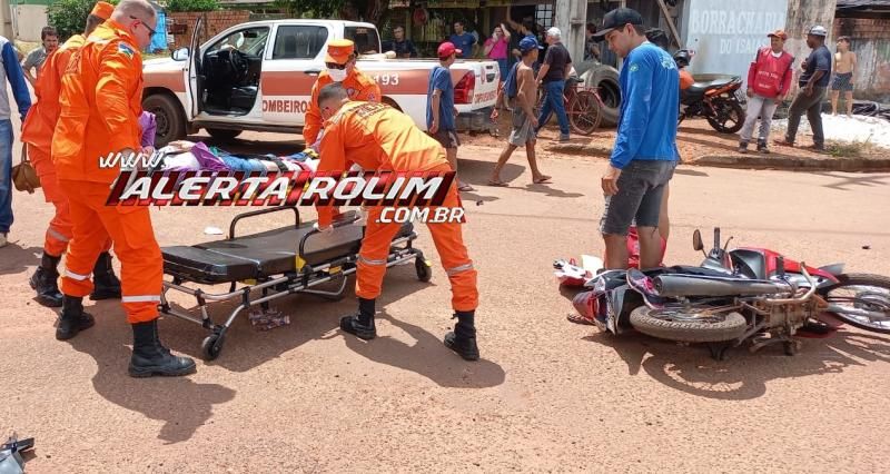Condutora de moto fraturou perna em acidente de trânsito nesta tarde, em Rolim de Moura  Condutora de moto fraturou perna em acidente de trânsito nesta tarde, em Rolim de Moura