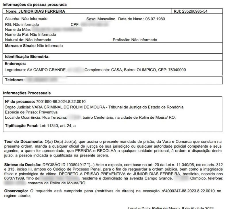 DEAM de Rolim de Moura está em busca de foragido da Justiça DEAM de Rolim de Moura está em busca de foragido da Justiça