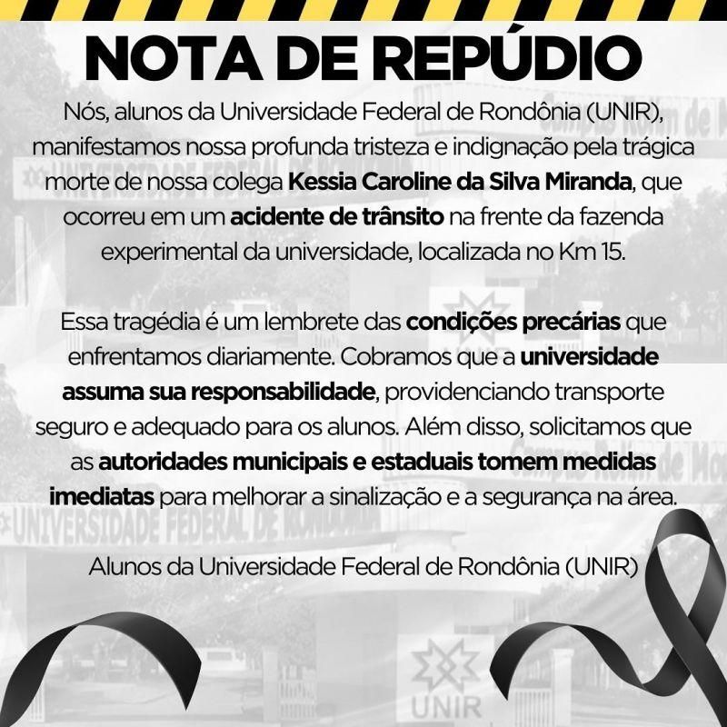 Acadêmicos da UNIR farão manifestação, cobrando transporte seguro, após morte de estudante na RO 479, em Rolim de Moura Acadêmicos da UNIR farão manifestação, cobrando transporte seguro, após morte de estudante na RO 479, em Rolim de Moura