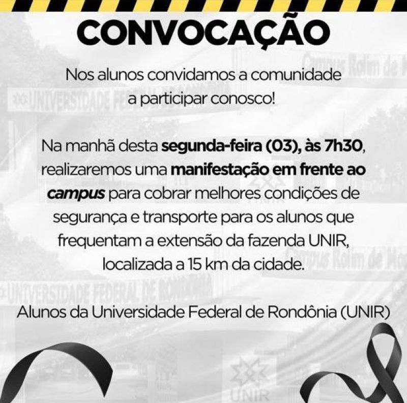 Acadêmicos da UNIR farão manifestação, cobrando transporte seguro, após morte de estudante na RO 479, em Rolim de Moura Acadêmicos da UNIR farão manifestação, cobrando transporte seguro, após morte de estudante na RO 479, em Rolim de Moura