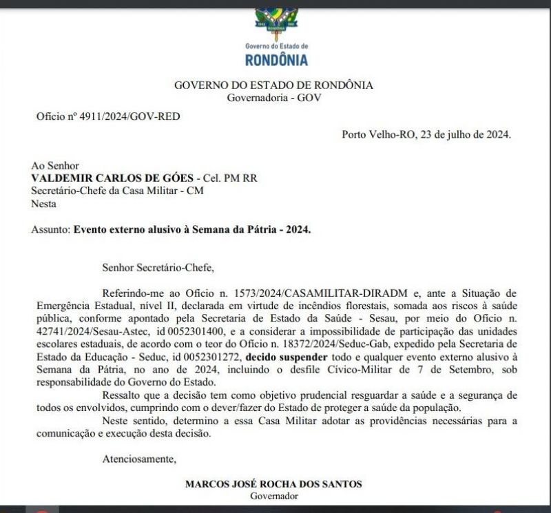 Governo de RO suspende comemorações da Semana da Pátria de 7 de setembro Governo de RO suspende comemorações da Semana da Pátria de 7 de setembro