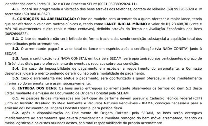 Edital de leilão para venda de madeiras em Nova Brasilâdia D Edital de leilão para venda de madeiras em Nova Brasilâdia D