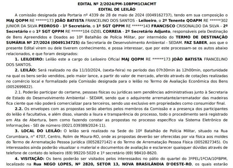Edital de leilão para venda de madeiras em Nova Brasilâdia D Edital de leilão para venda de madeiras em Nova Brasilâdia D