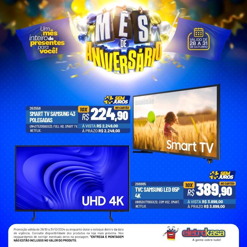 Mês de aniversário com preços baixos, nas Lojas ELETROKASA, em Rolim de Moura Mês de aniversário com preços baixos, nas Lojas ELETROKASA, em Rolim de Moura