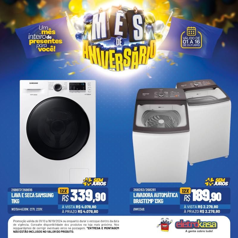 12X no cartão ou no carnê, sem entrada e sem juros no mês de aniversário das Lojas ELETROKASA 12X no cartão ou no carnê, sem entrada e sem juros no mês de aniversário das Lojas ELETROKASA
