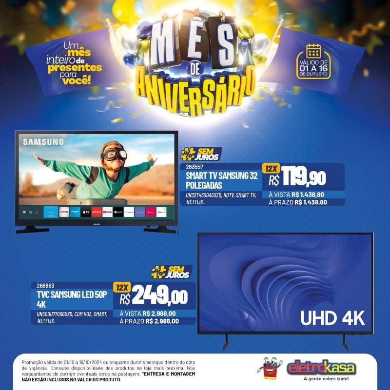 12X no cartão ou no carnê, sem entrada e sem juros no mês de aniversário das Lojas ELETROKASA 12X no cartão ou no carnê, sem entrada e sem juros no mês de aniversário das Lojas ELETROKASA