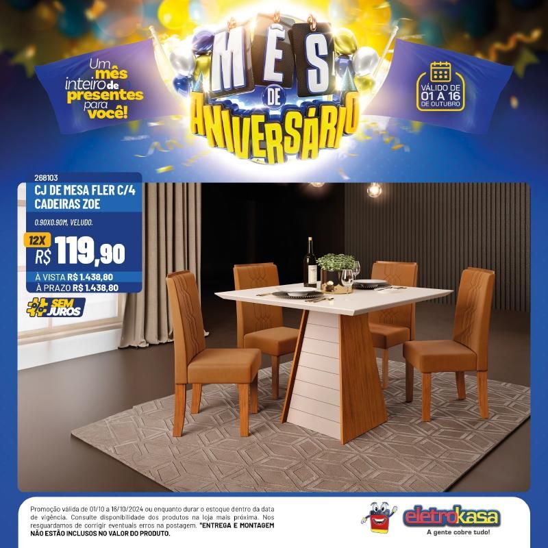 12X no cartão ou no carnê, sem entrada e sem juros no mês de aniversário das Lojas ELETROKASA 12X no cartão ou no carnê, sem entrada e sem juros no mês de aniversário das Lojas ELETROKASA