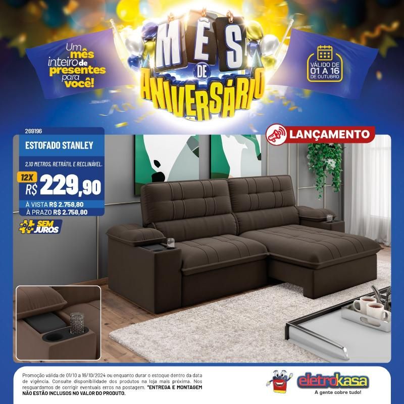 12X no cartão ou no carnê, sem entrada e sem juros no mês de aniversário das Lojas ELETROKASA 12X no cartão ou no carnê, sem entrada e sem juros no mês de aniversário das Lojas ELETROKASA