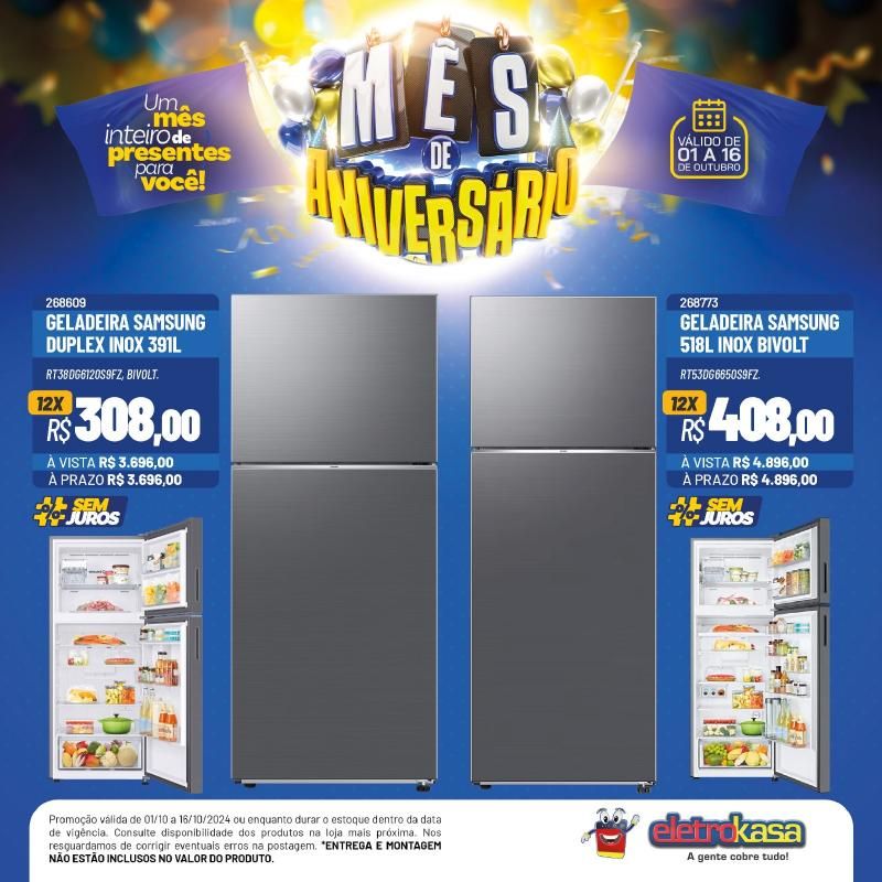 12X no cartão ou no carnê, sem entrada e sem juros no mês de aniversário das Lojas ELETROKASA 12X no cartão ou no carnê, sem entrada e sem juros no mês de aniversário das Lojas ELETROKASA