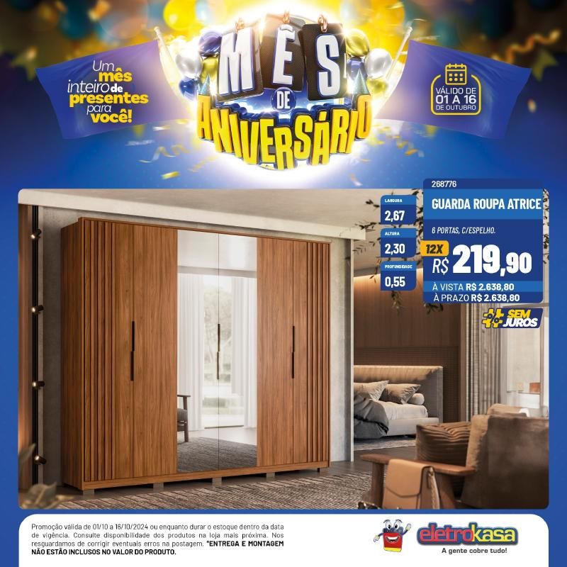12X no cartão ou no carnê, sem entrada e sem juros no mês de aniversário das Lojas ELETROKASA 12X no cartão ou no carnê, sem entrada e sem juros no mês de aniversário das Lojas ELETROKASA