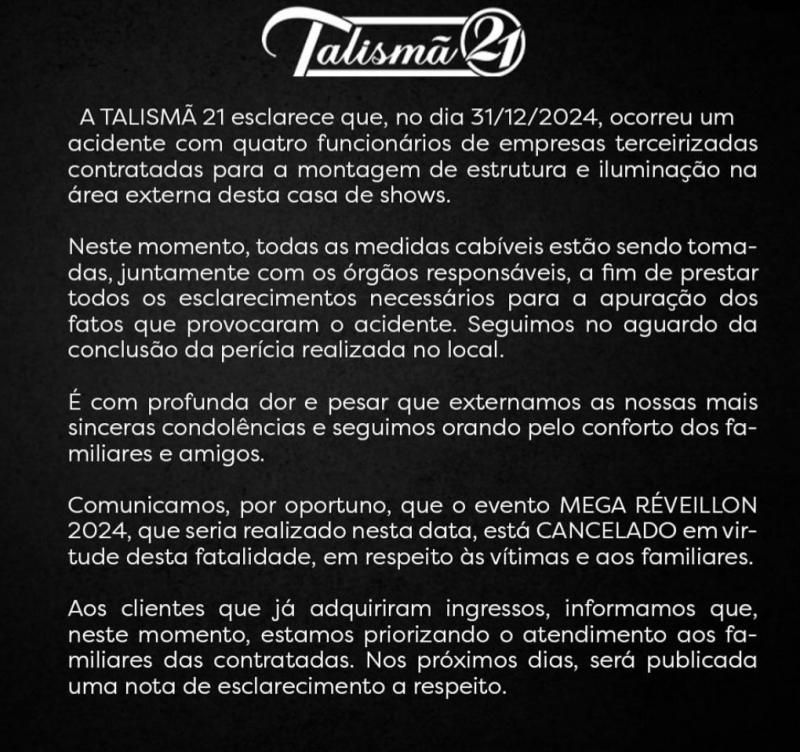 Talismã 21 cancela réveillon após mortes de trabalhadores, em Porto Velho Talismã 21 cancela réveillon após mortes de trabalhadores, em Porto Velho