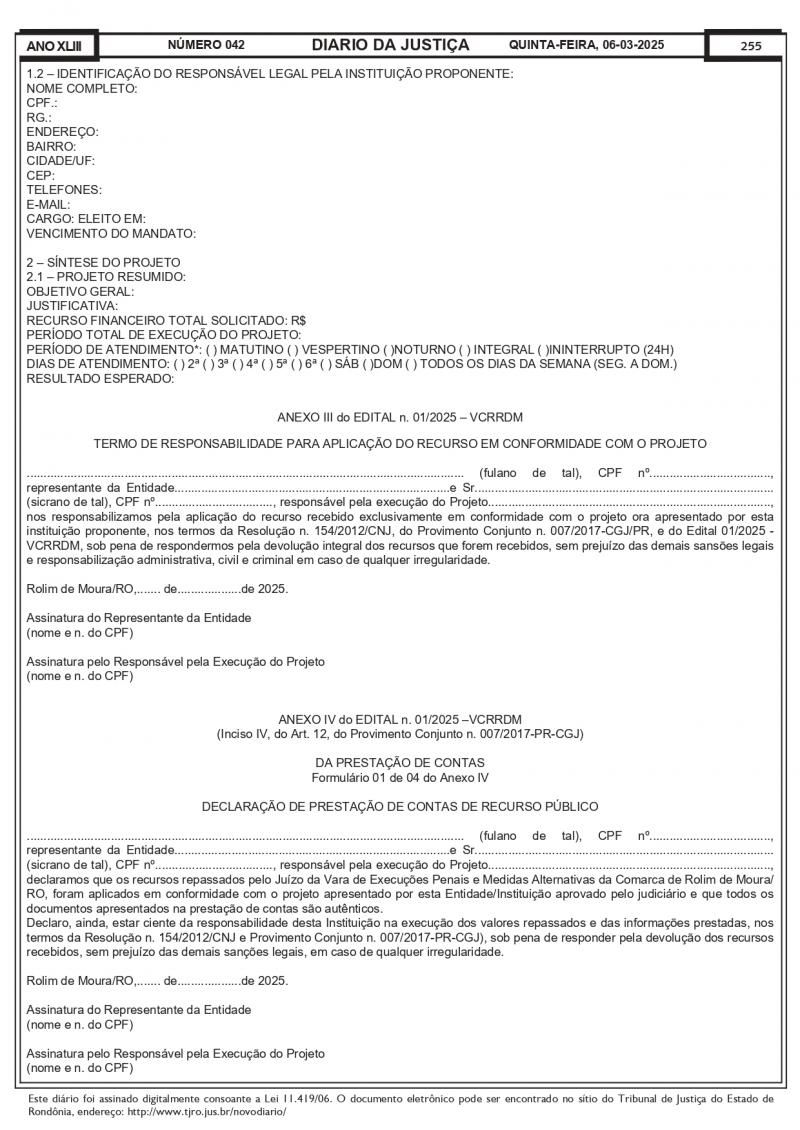 Edital da Vara Criminal de Rolim de Moura de CADASTRAMENTO DE ENTIDADES PÚBLICAS OU PRIVADAS COM DESTINAÇÃO SOCIAL Edital da Vara Criminal de Rolim de Moura de CADASTRAMENTO DE ENTIDADES PÚBLICAS OU PRIVADAS COM DESTINAÇÃO SOCIAL
