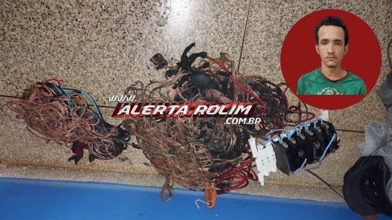 Suspeito foi preso em flagrante pela PM, após a prática de crimes de danos em residência e furto de fiações elétricas, em Rolim de Moura Suspeito foi preso em flagrante pela PM, após a prática de crimes de danos em residência e furto de fiações elétricas, em Rolim de Moura