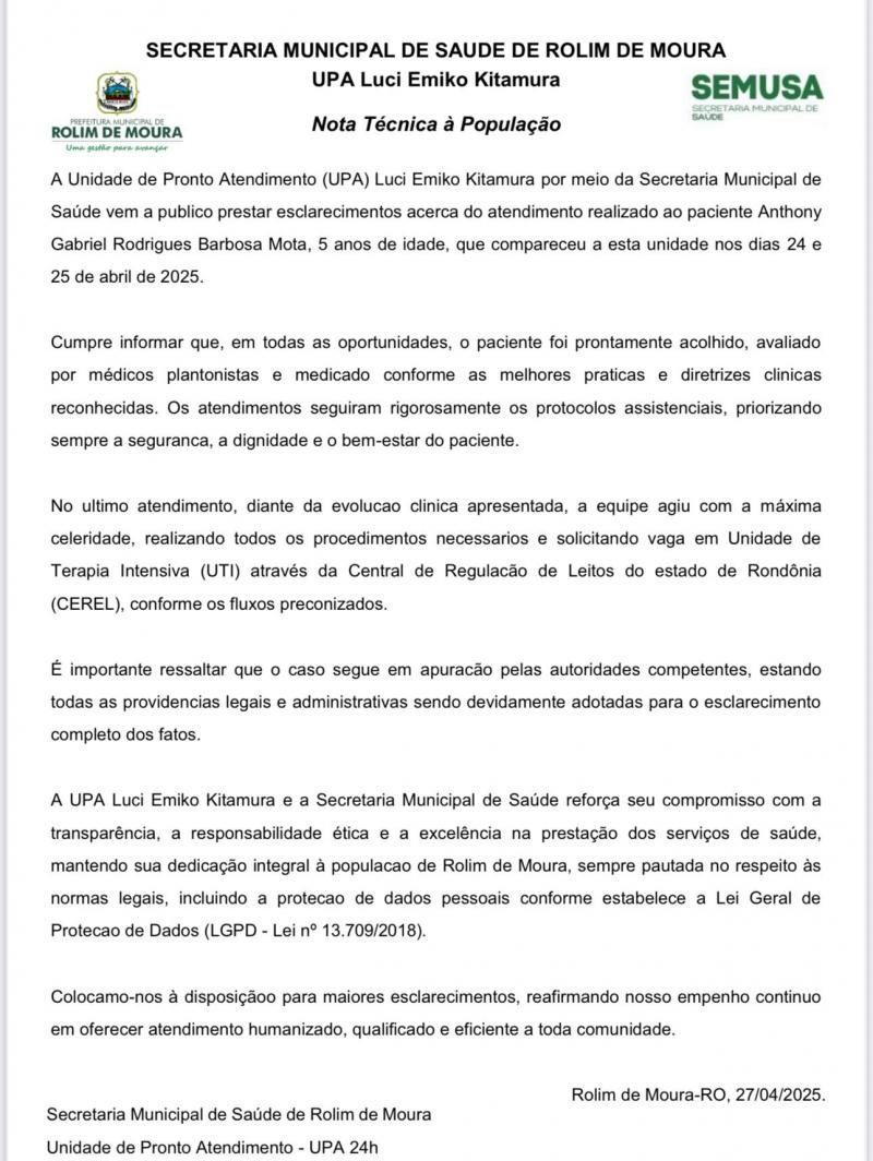 CASO ANTHONY GABRIEL - SEMUSA emite Nota à população de Rolim de Moura CASO ANTHONY GABRIEL - SEMUSA emite Nota à população de Rolim de Moura