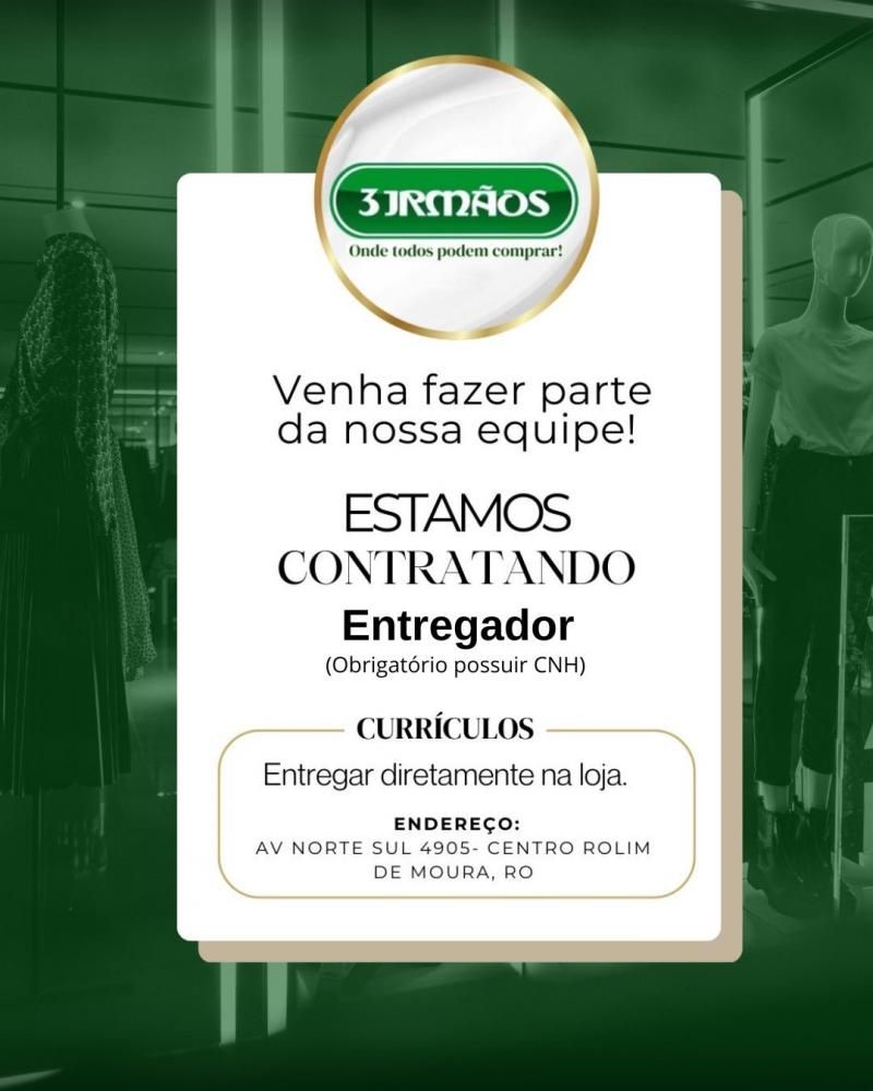 Vagas de emprego na Loja 3 IRMÃOS, em Rolim de Moura Vagas de emprego na Loja 3 IRMÃOS, em Rolim de Moura
