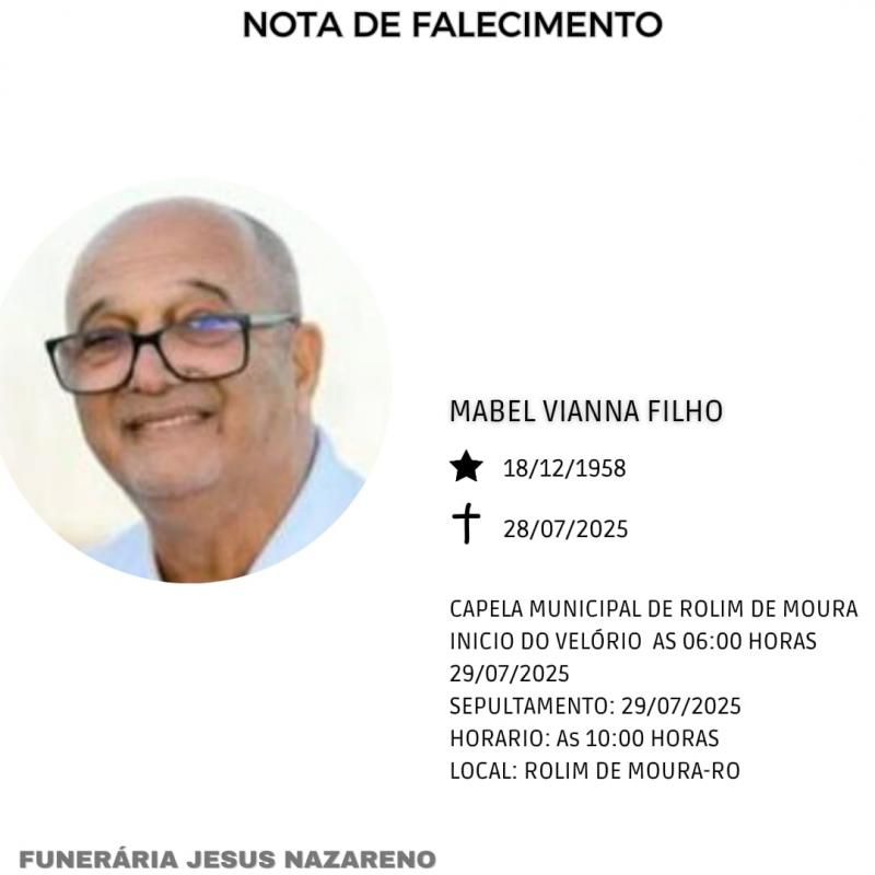 Morre Mabel Vianna, marido da ex-candidata à prefeita de Rolim Prof.ª Luzenir Morre Mabel Vianna, marido da ex-candidata à prefeita de Rolim Prof.ª Luzenir