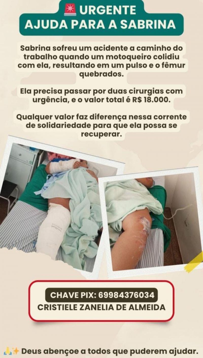 Mulher, vítima de acidente em Rolim de Moura precisa de ajuda para custeio de cirurgias Mulher, vítima de acidente em Rolim de Moura precisa de ajuda para custeio de cirurgias