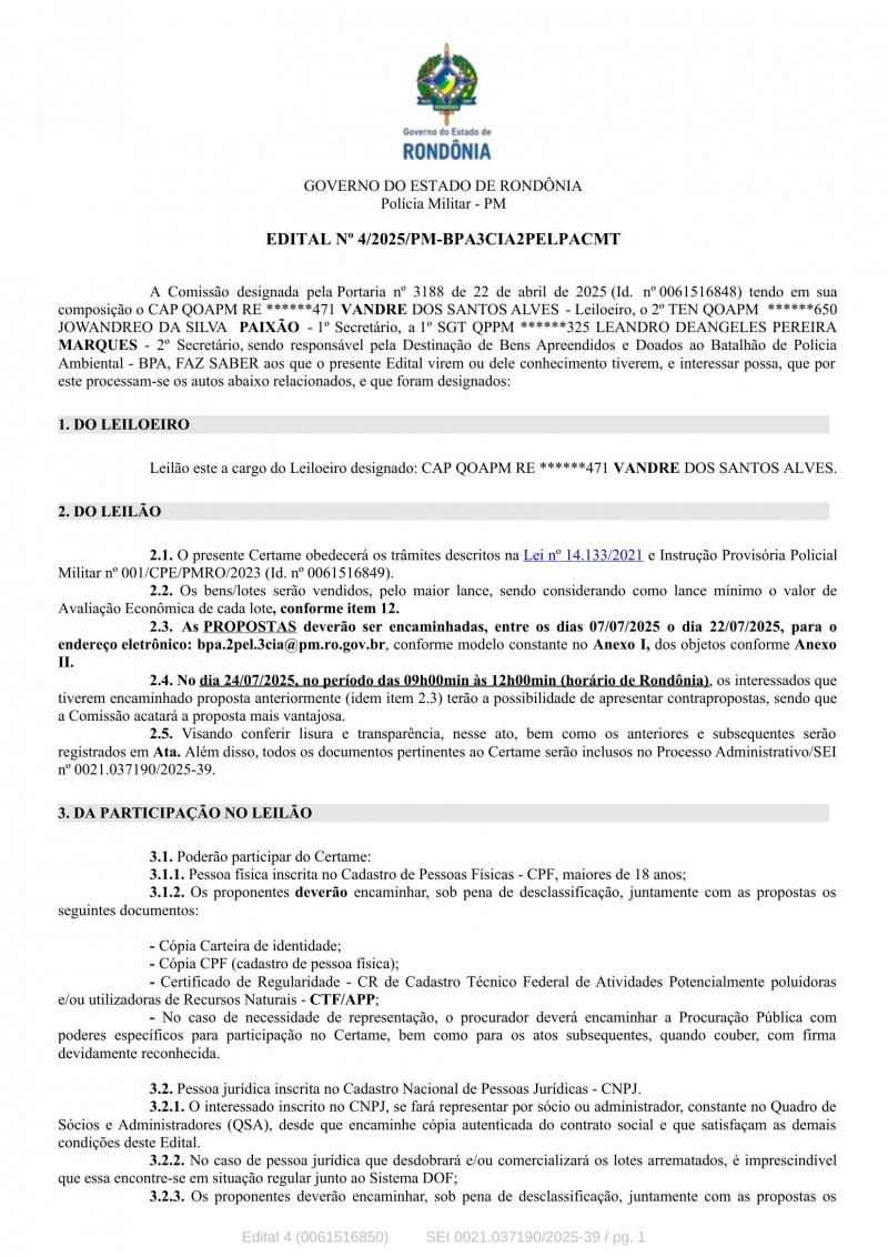 Polícia Militar Ambiental de Alta Floresta d’Oeste abre edital para leilão de madeira Polícia Militar Ambiental de Alta Floresta d’Oeste abre edital para leilão de madeira