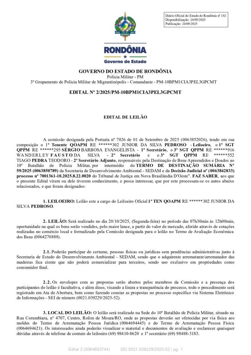 Polícia Militar de Migrantinópolis abre edital para Leilão de Madeiras; veja como participar Polícia Militar de Migrantinópolis abre edital para Leilão de Madeiras; veja como participar