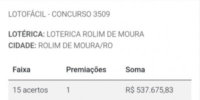 Apostador de Rolim de Moura ganha mais de meio milhão na LOTOFÁCIL Apostador de Rolim de Moura ganha mais de meio milhão na LOTOFÁCIL