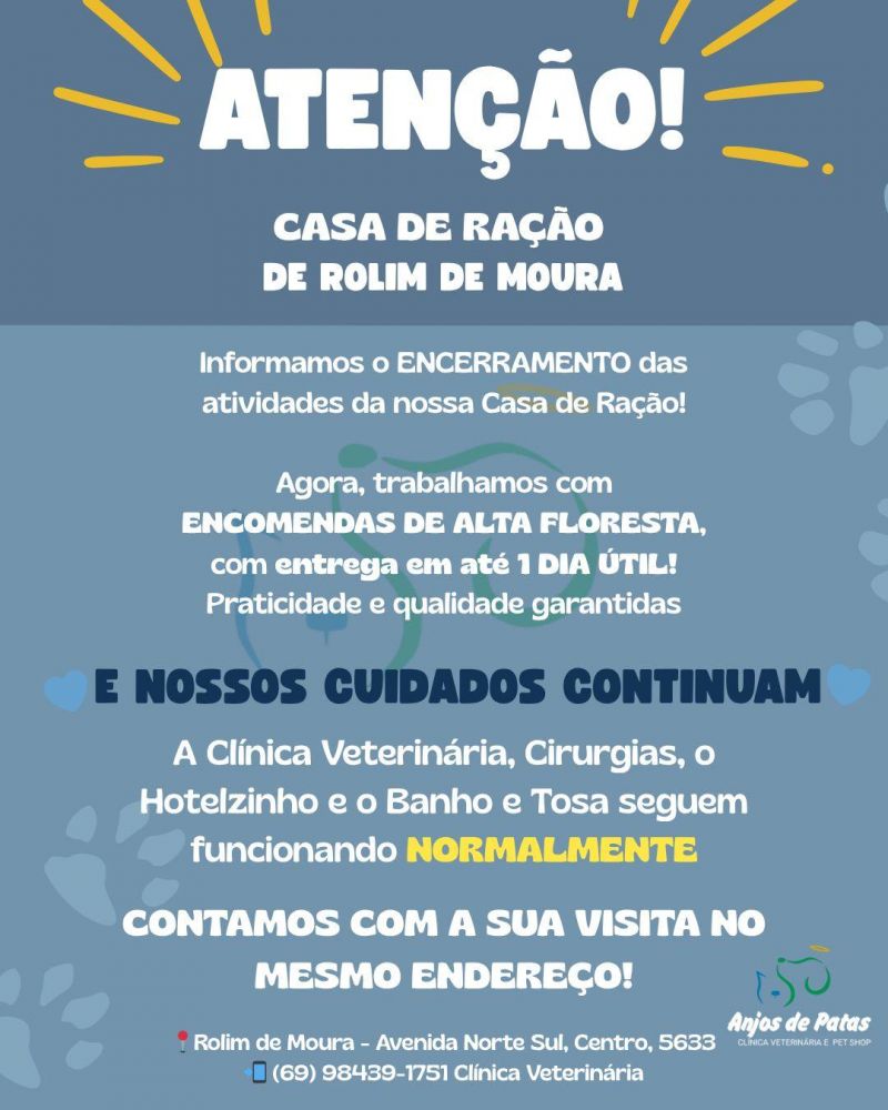 Atividades são encerradas na Casa de Ração, mas Clínica Veterinária segue com atendimento normal em Rolim de Moura Atividades são encerradas na Casa de Ração, mas Clínica Veterinária segue com atendimento normal em Rolim de Moura