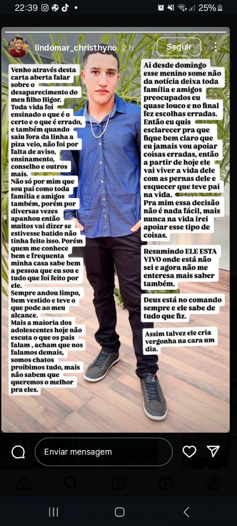 Pai publica carta aberta após desaparecimento do Filho, em Rolim de Moura Pai publica carta aberta após desaparecimento do Filho, em Rolim de Moura