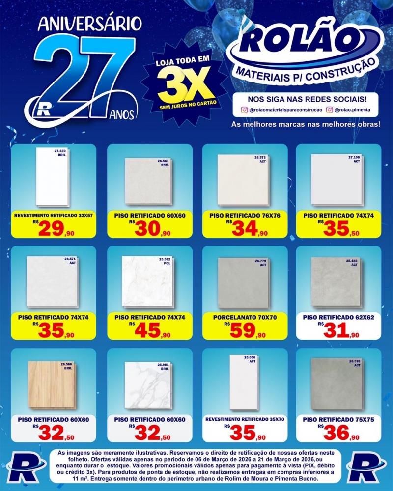 Aniversário de 27 anos do Rolão Materiais para Construção com ofertas imperdíveis Aniversário de 27 anos do Rolão Materiais para Construção com ofertas imperdíveis