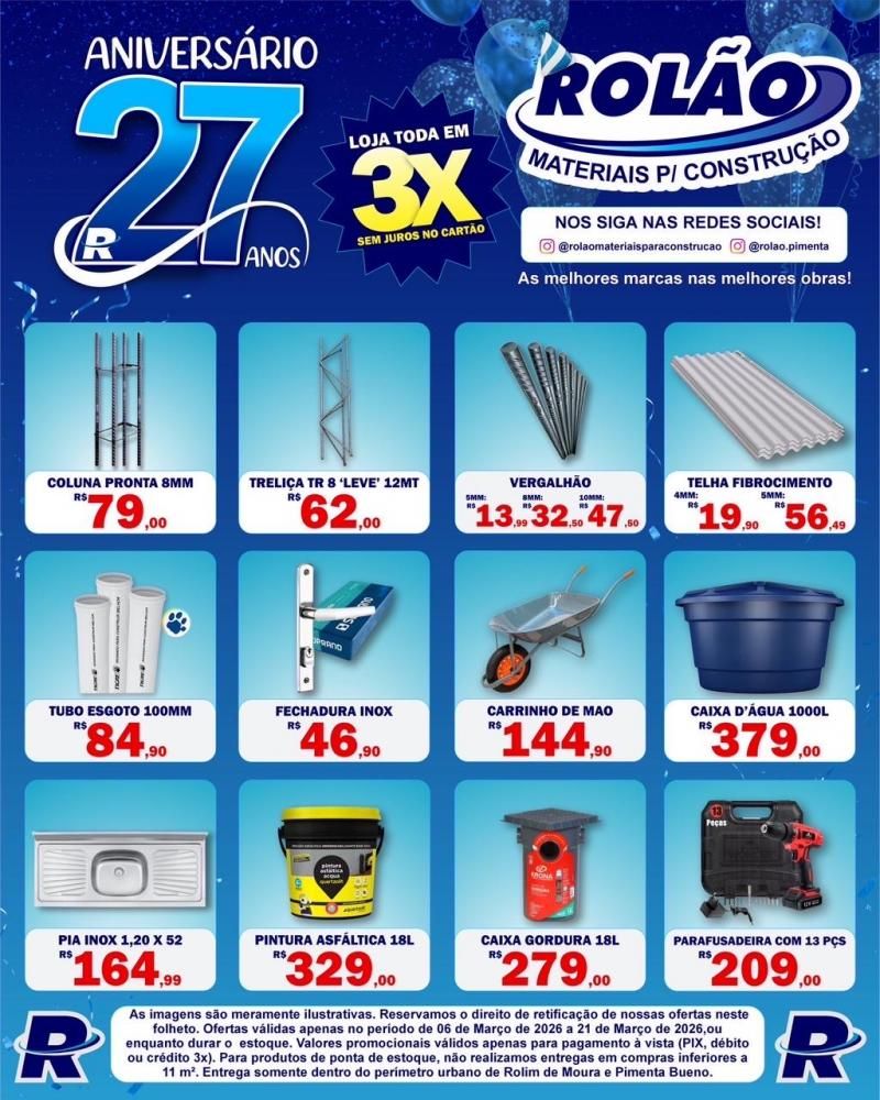 Aniversário de 27 anos do Rolão Materiais para Construção com ofertas imperdíveis Aniversário de 27 anos do Rolão Materiais para Construção com ofertas imperdíveis