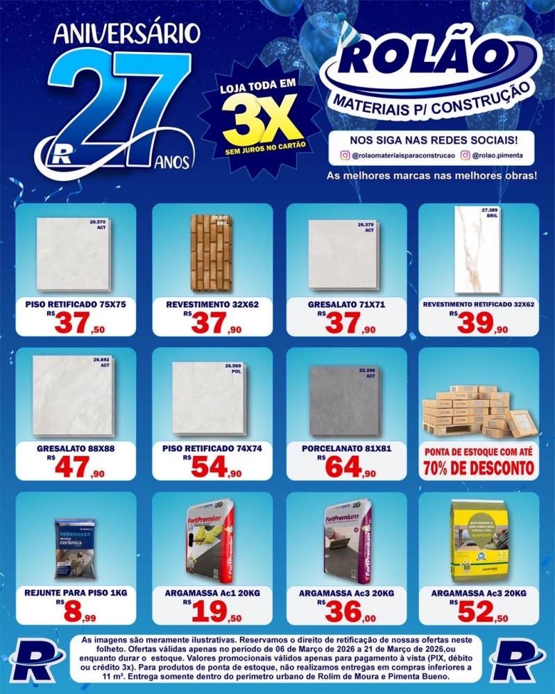 Aniversário de 27 anos do Rolão Materiais para Construção com ofertas imperdíveis Aniversário de 27 anos do Rolão Materiais para Construção com ofertas imperdíveis