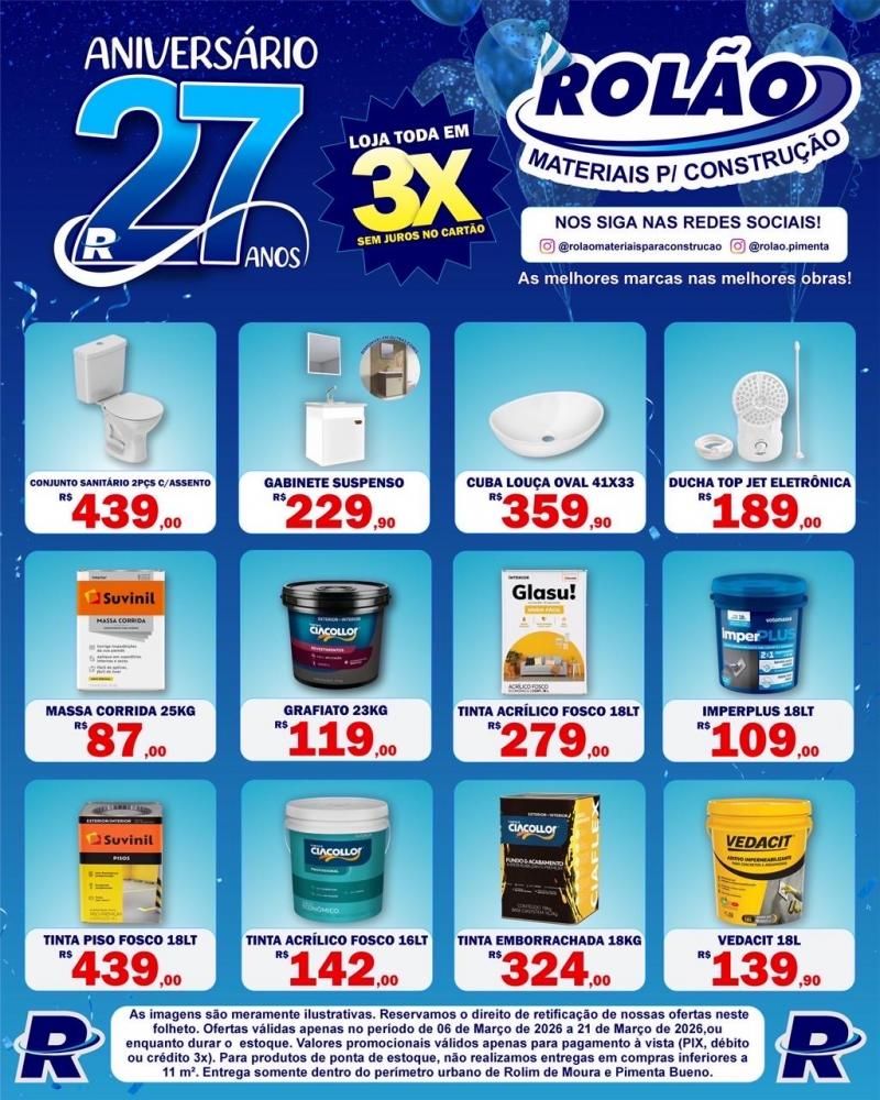 Aniversário de 27 anos do Rolão Materiais para Construção com ofertas imperdíveis Aniversário de 27 anos do Rolão Materiais para Construção com ofertas imperdíveis