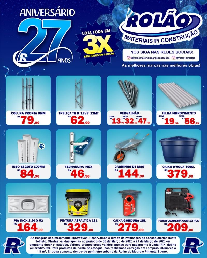 Confira as ofertas dos 27 anos do Rolão Materiais para Construção Confira as ofertas dos 27 anos do Rolão Materiais para Construção
