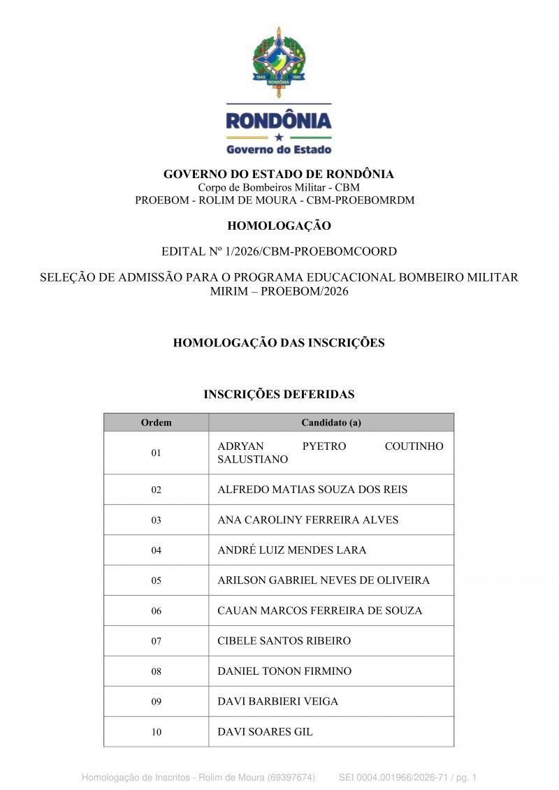 Inscrições do Programa Educacional Bombeiro Militar Mirim 2026 são homologadas e sorteio ocorrerá no dia 10 de março, em Rolim de Moura Inscrições do Programa Educacional Bombeiro Militar Mirim 2026 são homologadas e sorteio ocorrerá no dia 10 de março, em Rolim de Moura